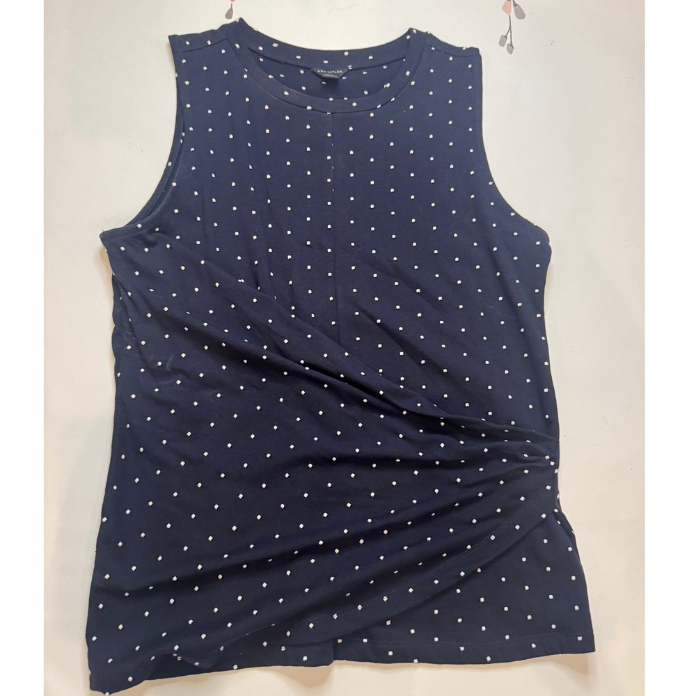Ann Taylor Polka Dot Sleeveless Top Women S Navy Blue Excellent Side Drape Knit